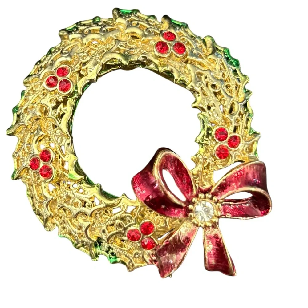 Vintage Christmas‎ Wreath Brooch Holiday Rhinestones Gold Tone Estate Enamel